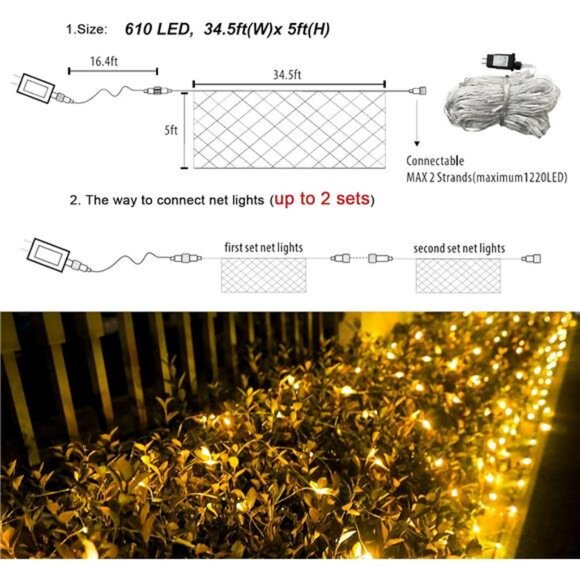 610 LED Christmas Net Lights, 34.5ft x 5ft Mesh Lights Clear Wire 8 Modes - Picture 6 of 7